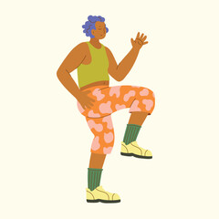 Colorful inclusive fitness hand drawn illustration. Diverse body positive woman exercising in modern flat vector style. Stretching, pilates, knee exercises