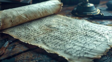 Fototapeta premium A finely crafted letter lies on a rustic wooden table, softly illuminated, enhancing its timeless charm