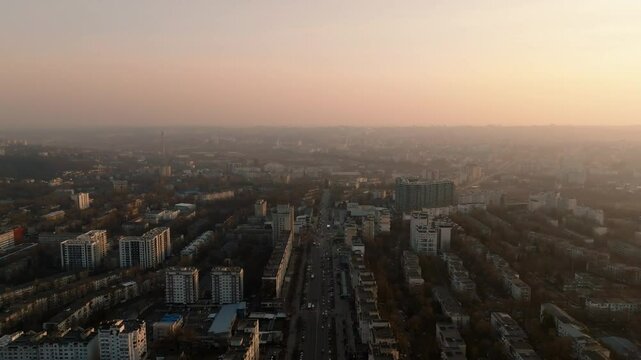 Aerial view of Riscani district in Chisinau with new residential buildings over Moscova Boulevard during sunset
