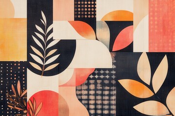 Abstract Geometric Shapes and Leaves in Earthy Tones Background
