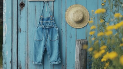 Vintage denim overalls and straw hat hanging on a blue wooden wall with wildflowers in the foreground