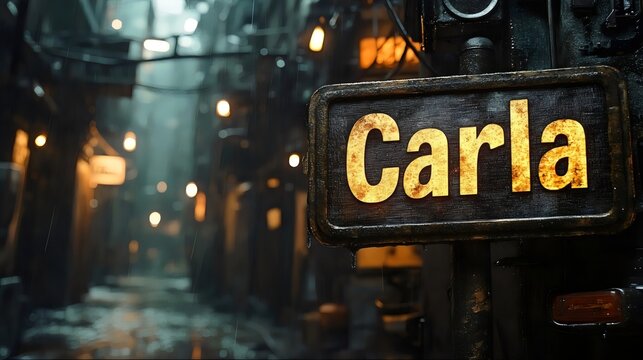 A street sign with the name Carla written in yellow letters
