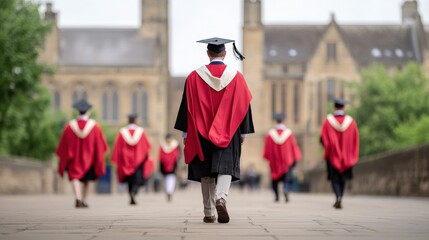 A group of graduates in traditional robes and caps walking together, symbolizing achievement and academic celebration in a university setting.