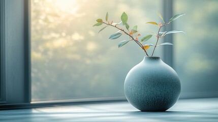 Serene sprig in a minimalist grey vase, sunlit windowsill.