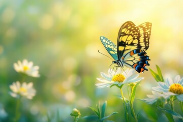 Colorful Butterfly on Daisy Flower in Soft Natural Light