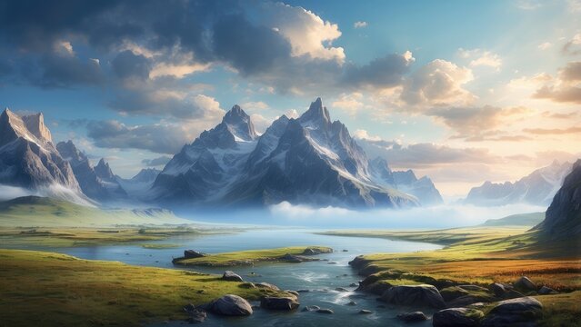A panoramic view of a tranquil alpine lake reflecting majestic snow-capped mountain ranges under a clear blue sky.