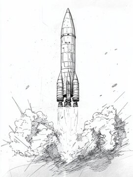 A simple, black and white drawing of a rocket taking off. This sketch shows a creative idea for a spaceship, highlighting the technology behind space travel.continuous single one line art concept.