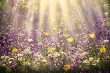 Naklejka premium Lush Meadow with Colorful Wildflowers and Sunlight Rays