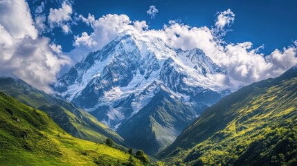 Obraz premium Majestic Mountain Landscape, Breathtaking View of Snow-Capped Peaks and Lush Green Valleys