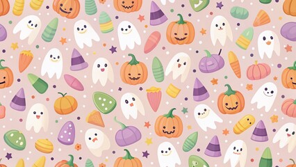 Pastel Halloween Minimalist Pattern: Candy Corn, Ghosts & Pumpkins Design