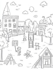 Obraz premium A set of simple doodle line art drawings, depicting a school and children playing in the playground with toys like a teddy bear on a sunny spring day, a house made from blocks or wood