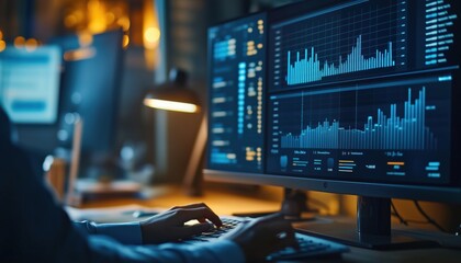 Analyst Using Business Analytics And Data Management System To Generate Reports With Kpis And Metrics Linked To Database. Strategizing Corporate Finance, Operations, Sales, Marketing.