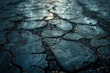 Highly textured asphalt road showcases wear and tear, with natural light enhancing its chaotic design and imperfections