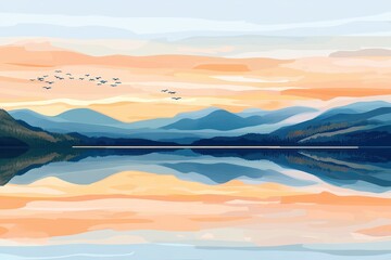 Fototapeta premium Serene Sunrise Over Calm Lake with Mountain and Sky Reflection