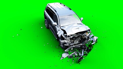 Generic 3d car crash test. Car destruction. Green screen isolate. 3 rendering,