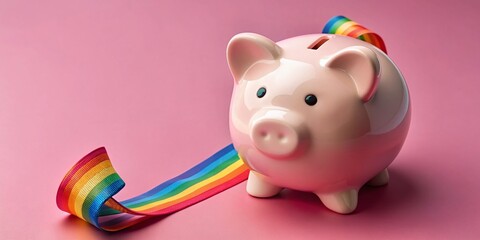 Piggy Bank LGBT Pride Rainbow Ribbon Top View Pink Blue Background Stock Photo