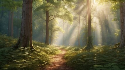 Obraz premium A serene forest scene featuring a pathway lined with tall trees,