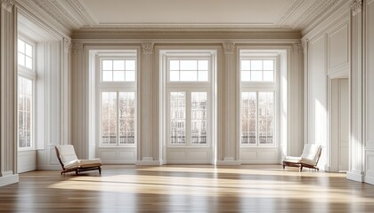 Fototapeta premium Elegant room with large windows and ornate molding. Ideal for showcasing luxury real estate, interior design, or home decor.