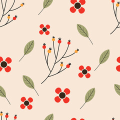 Delightful Floral Pattern with Red Flowers, Berries, and Leaves
