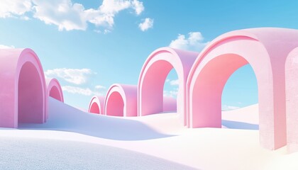 Abstract Surreal Pastel Landscape Featuring Modern Building And Geometric Arches, Sand Dune Scene With Copy Space, Blue Sky And Clouds