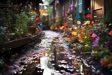 Behold, ethereal spectacle as heavens weep, their tears cascading upon earth, transmuting once barren landscape into a glistening garden of puddles and rivulets, where water dances and rushes along st