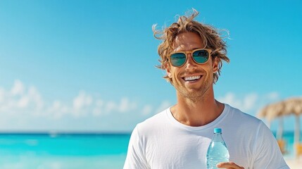 man stands on a sandy beach, smiling while holding a water bottle