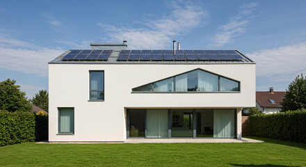 Modern Minimalist House Exterior with Solar Panels on Roof Blue Sky and Green Lawn