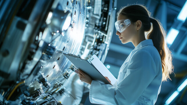 Female scientist wearing safety goggles and lab coat, focusing on scientific equipment in a high tech laboratory. She holds a clipboard for data analysis. Image made using Generative AI. - Powered by Adobe