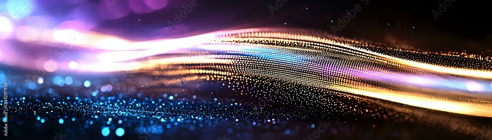 Poster glowing light trails with sparkles and bokeh effects create dynamic motion against dark background, 
