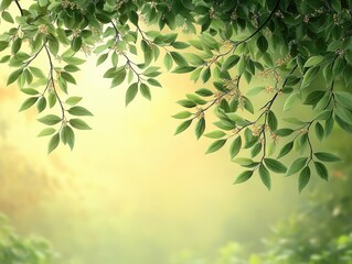 Obraz premium Lush green leaves and blossoms frame a soft, yellow-green background. Ideal for nature, spring, or eco-themed designs, adding a touch of serenity and freshness.
