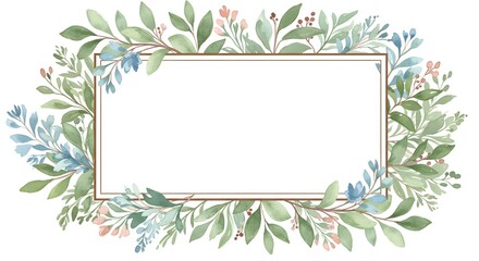 Floral Frame Watercolor Design with Green Leaves and Blue Flowers