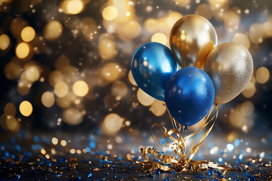 A celebratory cluster of shimmering gold and deep blue balloons, marking a joyous occasion with sparkling confetti and a warm, enchanting glow.