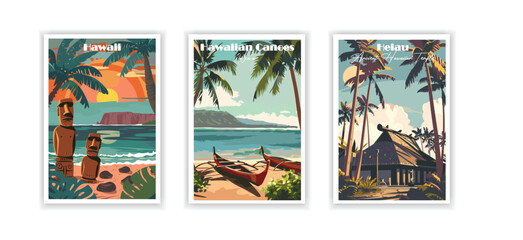 Hawaiian Canoes (Wa’a), Heiau (Ancient Hawaiian Temple), Hawaii – Vintage Travel Poster, Hand-Drawn Illustration