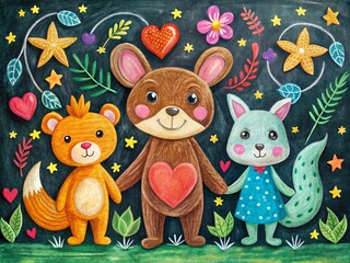Obraz premium Playful Chalkboard Animals: Whimsical Illustrations for Kids' Room Decor & Educational Resources