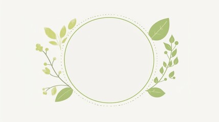 Green botanical foliage surrounding circular dotted border, creating minimalist graphic frame against soft gray backdrop