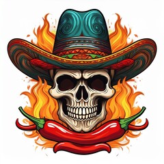 A striking design showcases a skull wearing a colorful sombrero, surrounded by vibrant flames and red chilies, celebrating Mexican heritage with bold colors and intricate patterns.