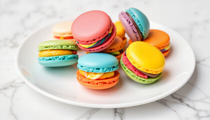 Obraz premium Colorful Pride-themed macarons on a white plate, festive celebration