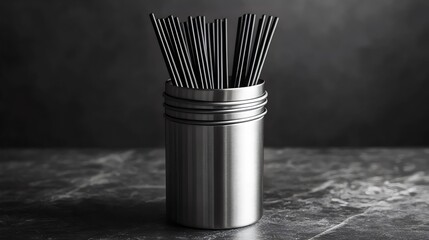 A silver container with black straws in it