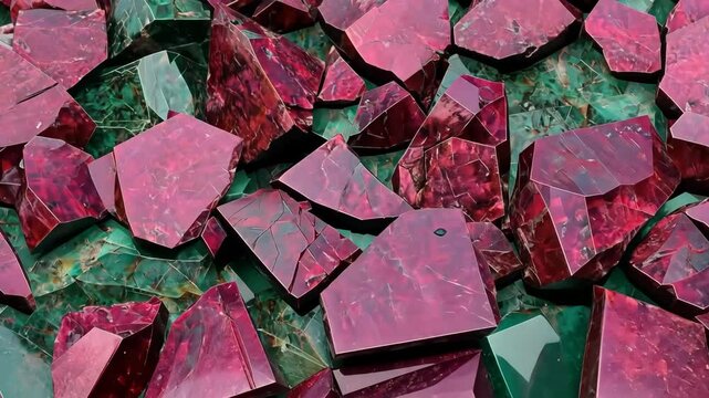 A close-up view of various pieces of Ruby Zoisite gemstones scattered on a green marble surface. The rubies exhibit a deep red color with intricate patterns and textures, contrasting beautifully.