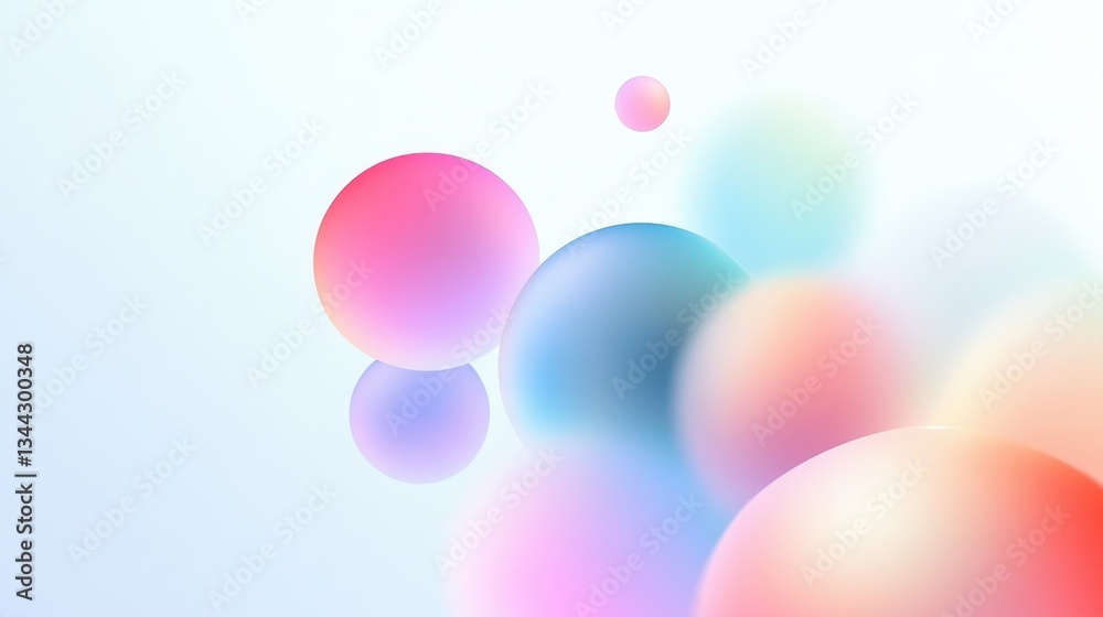 Poster vibrant multicolored spheres hovering over soft gradient background, presenting dynamic geometric ab