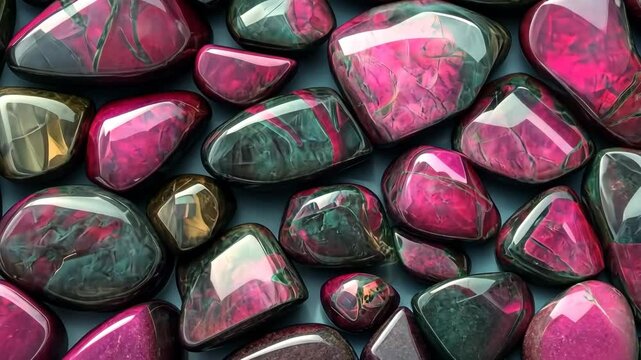 A collection of polished Ruby Zoisite gemstones featuring vibrant hues of pink, green, and black. The stones vary in shape and size, creating a visually appealing arrangement.