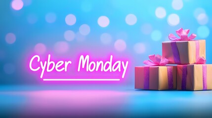 Glowing neon Cyber Monday text with stacked gift boxes on blue bokeh background, modern holiday shopping and retail promotion concept.