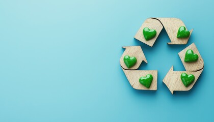 Wooden Recycling Symbol And Green Hearts Nearby Earth For Environmental Protection Against Blue : Vibrant Eco-Friendly Design Promoting Sustainability.