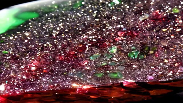 A close-up view of a colorful Ruby Zoisite gemstone surface, showcasing a mix of sparkling red, green, and purple hues with glittering particles.