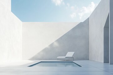 Minimalist white outdoor scene with a simple, sleek pool and lounge chair, set against an empty wall. The background features a clear blue sky for contrast, creating a clean aesthetic.