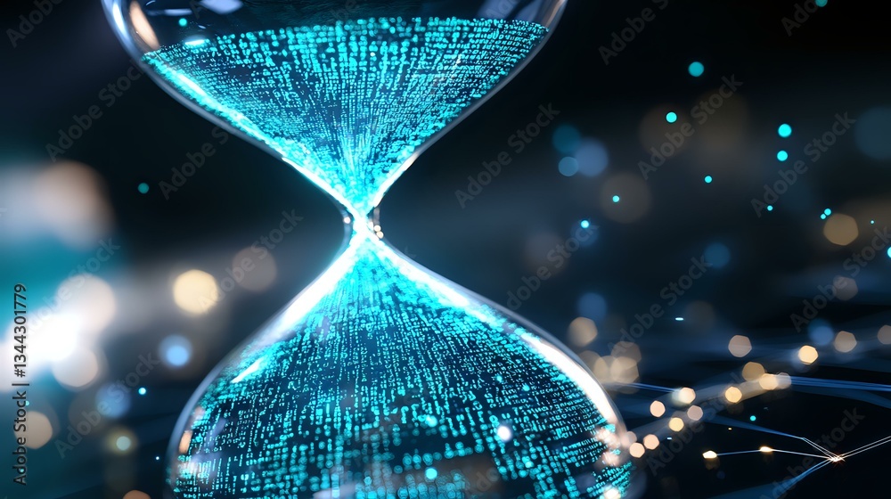 Poster digital data flowing through hourglass shape with glowing blue binary code and light particles on da