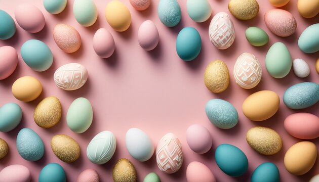 Top view of pastel Easter eggs pattern with central copy space. Generated image