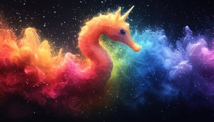 Obraz premium Geometric seahorse swims in vibrant, colorful nebula. Perfect for fantasy, magic, or ocean-themed designs.
