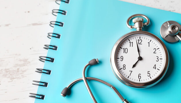 Nurse’s pocket watch and stethoscope on blue notepad, nursing tools tribute