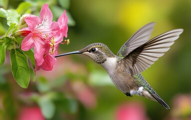 Obraz premium Closeup hummingbird hovering near pink flower midflight its blooming